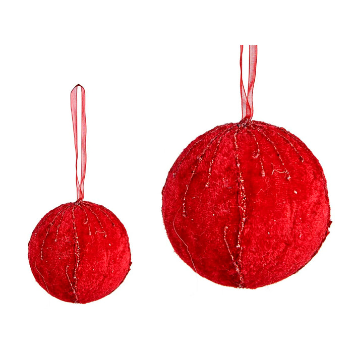 Set de 4 bolas decorativas de terciopelo en color rojo con detalles de cristal. Diámetro 8cm.