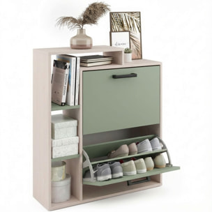 Sena - Scarpiera Salvaspazio 2 Ante 80x90x24,5 cm 12 Paia con Mensole e Ripiano Svuotatasche in Legno Salvia