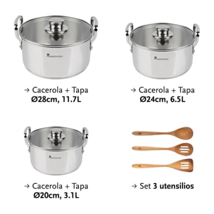 Juego de 3 cacerolas con tapas ø20ø24ø28cm en acero inoxidable y 3 utensilios de cocina masterpro