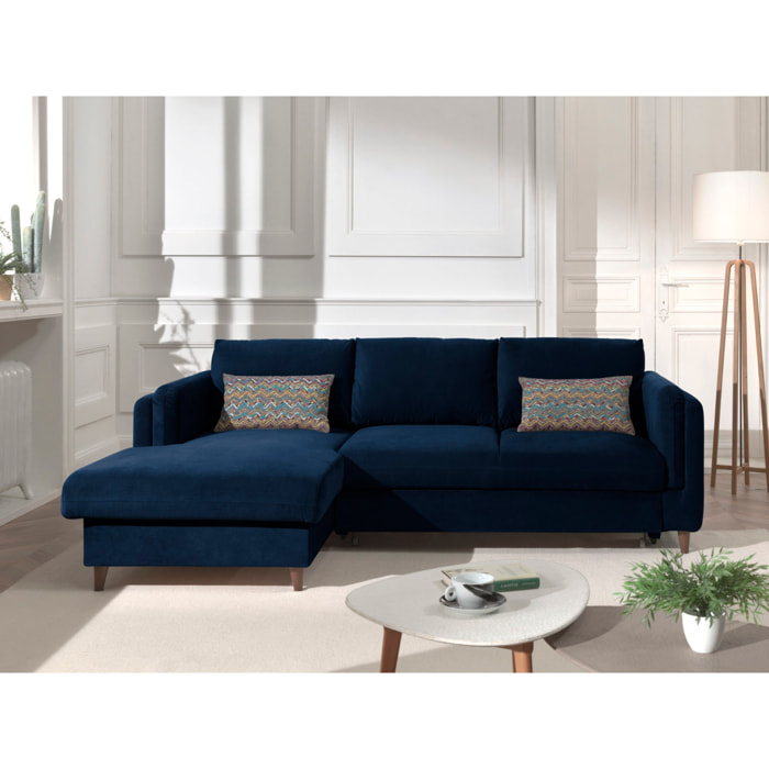 Brooke - canapé d'angle gauche - convertible avec coffre - 4 places - en velours - Bleu nuit