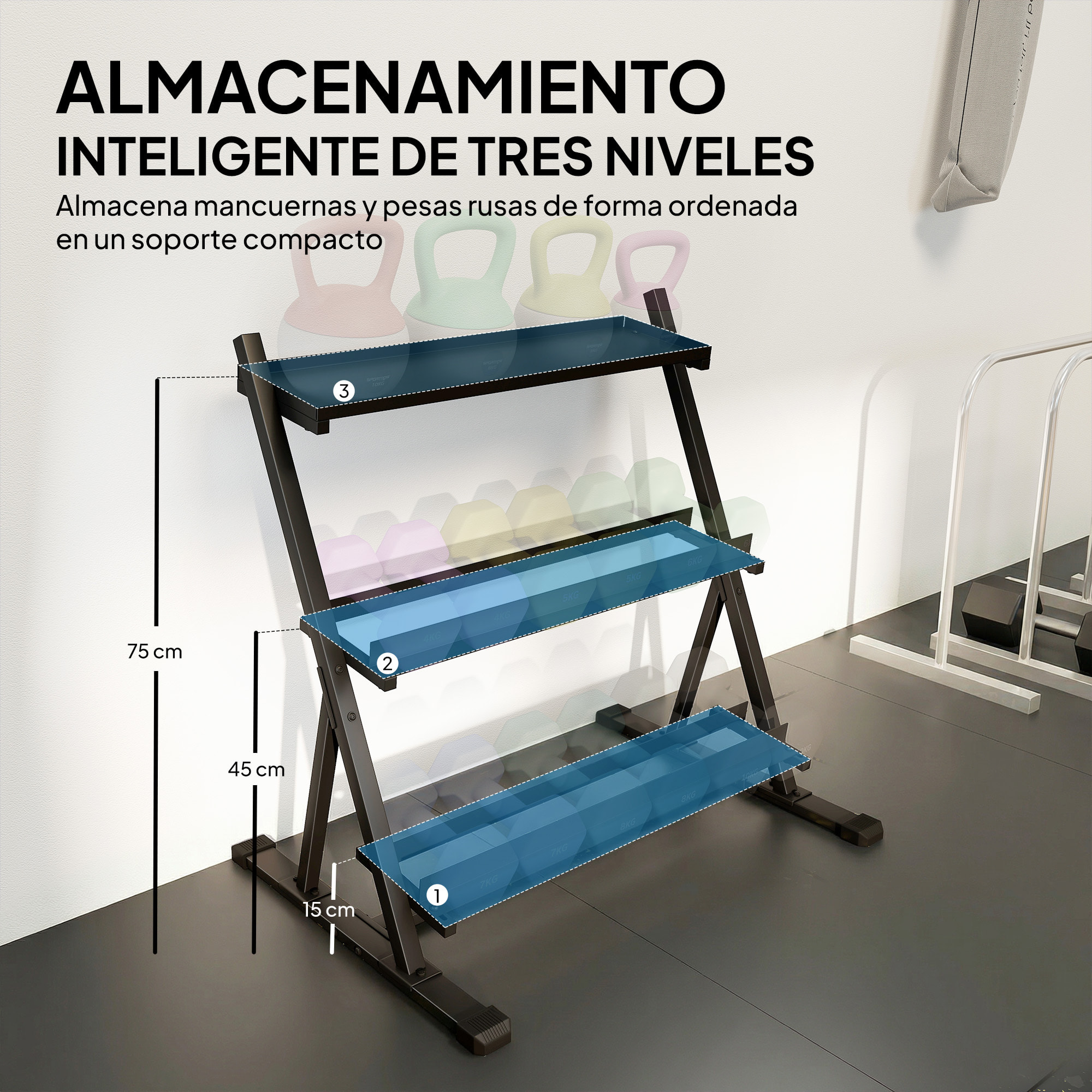 Soporte Mancuernas de 3 Niveles, Estante de Almacenamiento de Pesas de Acero con Barras Ajustables, para Entrenamiento en Gimnasio Casa, Carga 200 kg, 88x66x88 cm