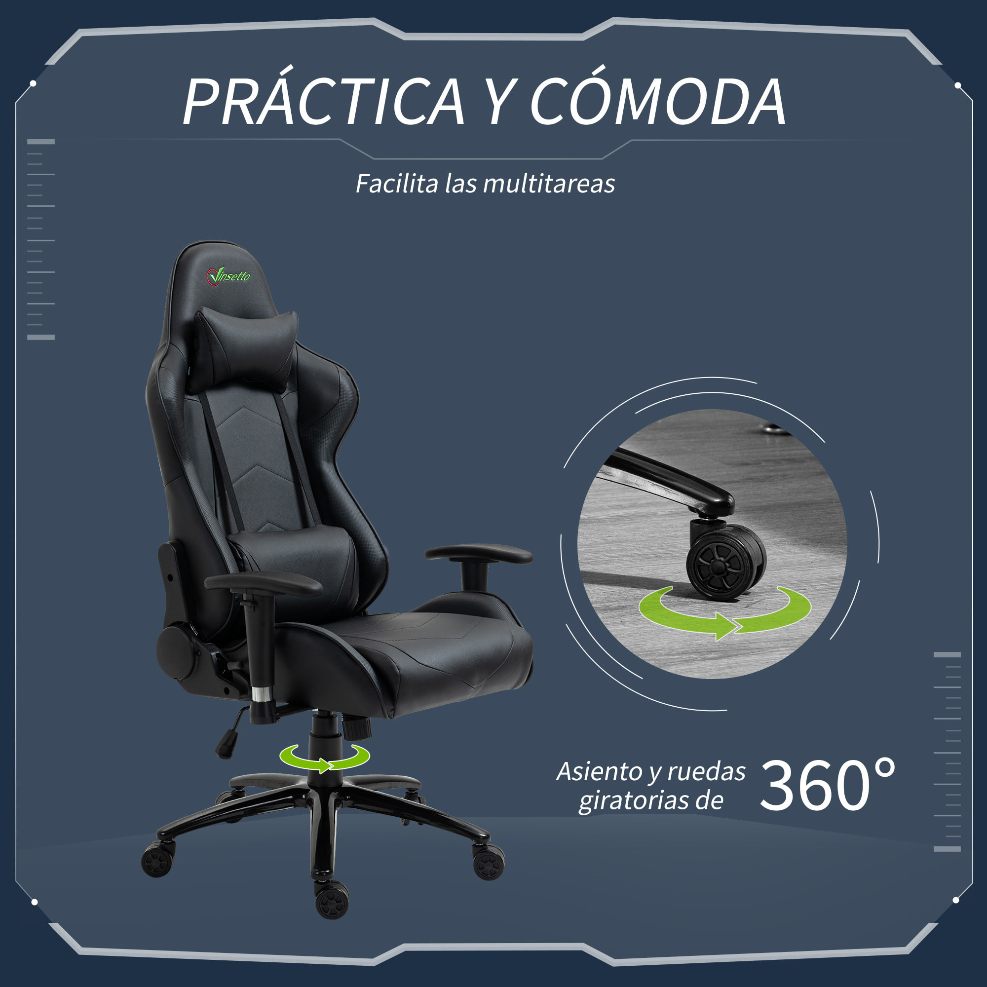 Vinsetto Silla Gaming Ergonómica Silla de Escritorio Giratoria Reclinable Altura Ajustable con reposabrazos 2D Regulable Reposacabezas y Cojín Lumbar Cuero Sintético 73x71x128-136 cm Negro