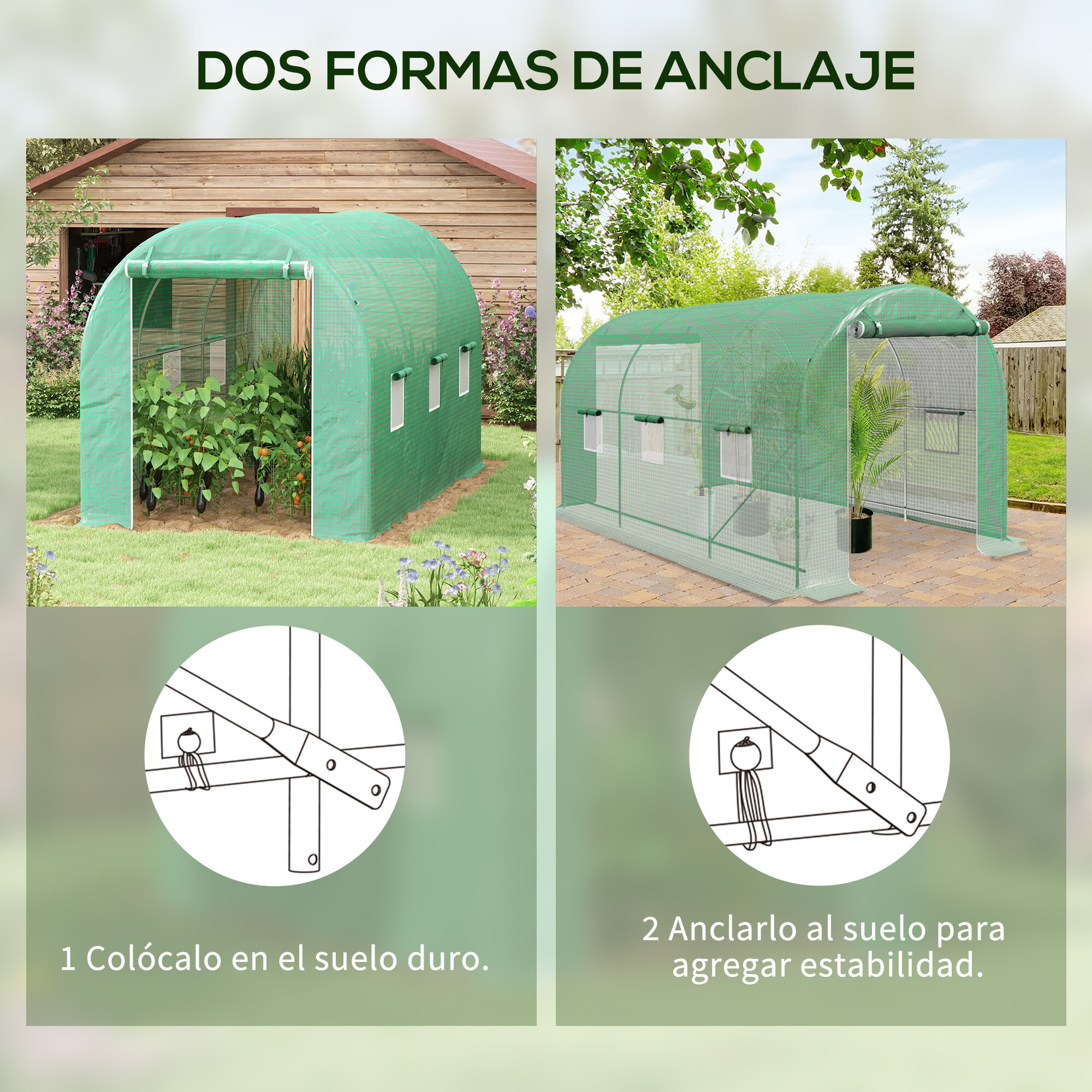 Invernadero de Túnel 400x200x205 cm Invernadero de Jardín con Puerta Enrollable y 6 Ventanas Cubierta PE 140 g/m² Marco de Metal para Cultivo Plantas Verduras Verde