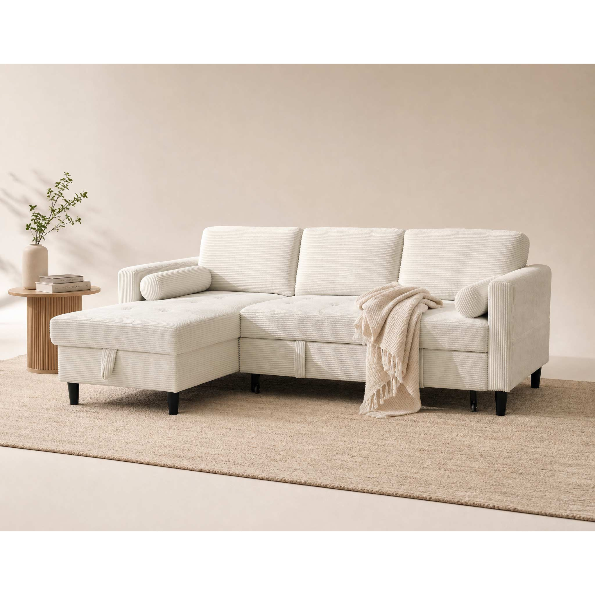 Marceau - Canapé d'angle réversible 4 places convertible avec coffre en velours côtelé - Beige