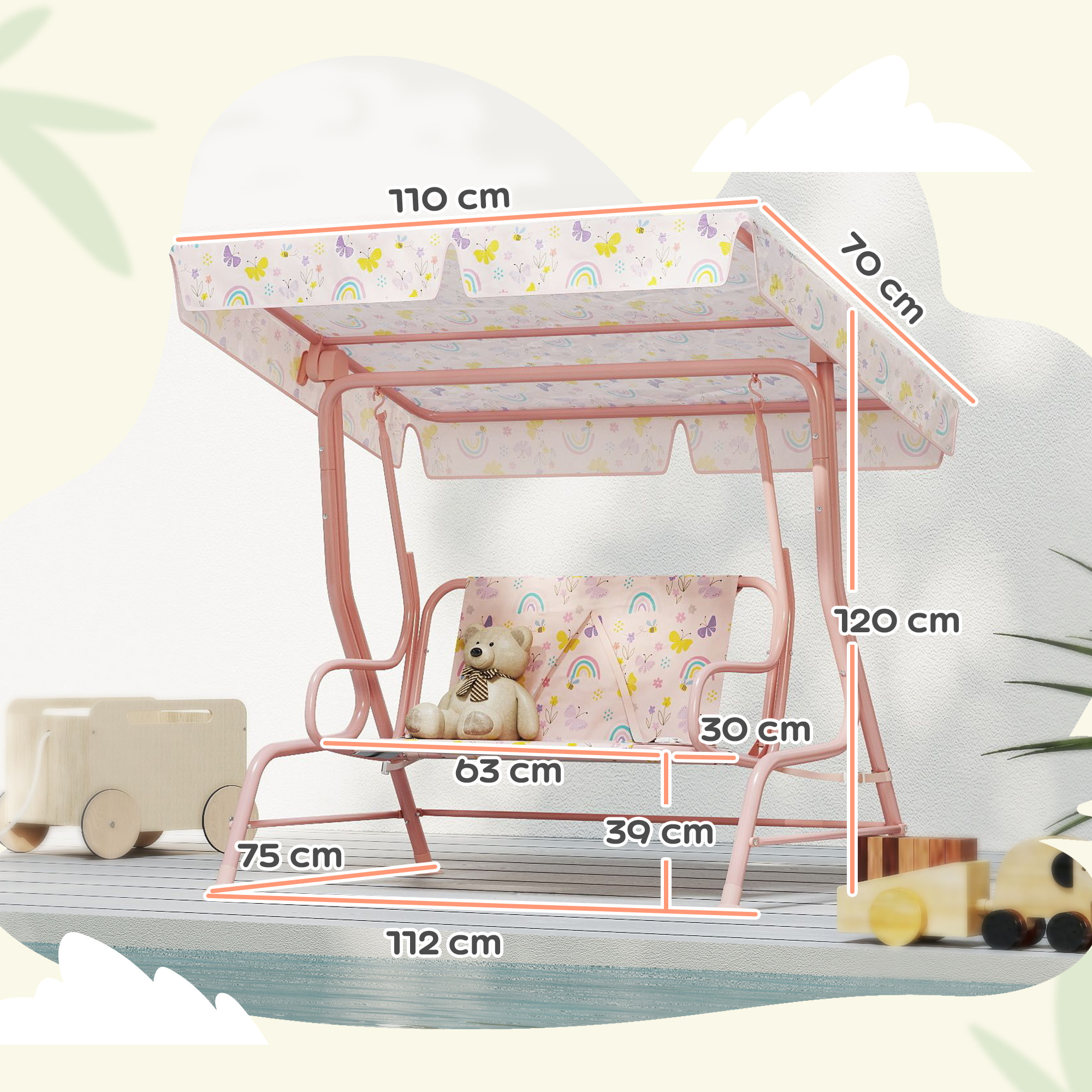 Columpio de Jardín Exterior para Niños de +3 Años Balancín de Jardín Exterior de 2 Plazas con Toldo Ajustable Arnés de Seguridad y Estampados Bonitos 112x75x120 cm Rosa