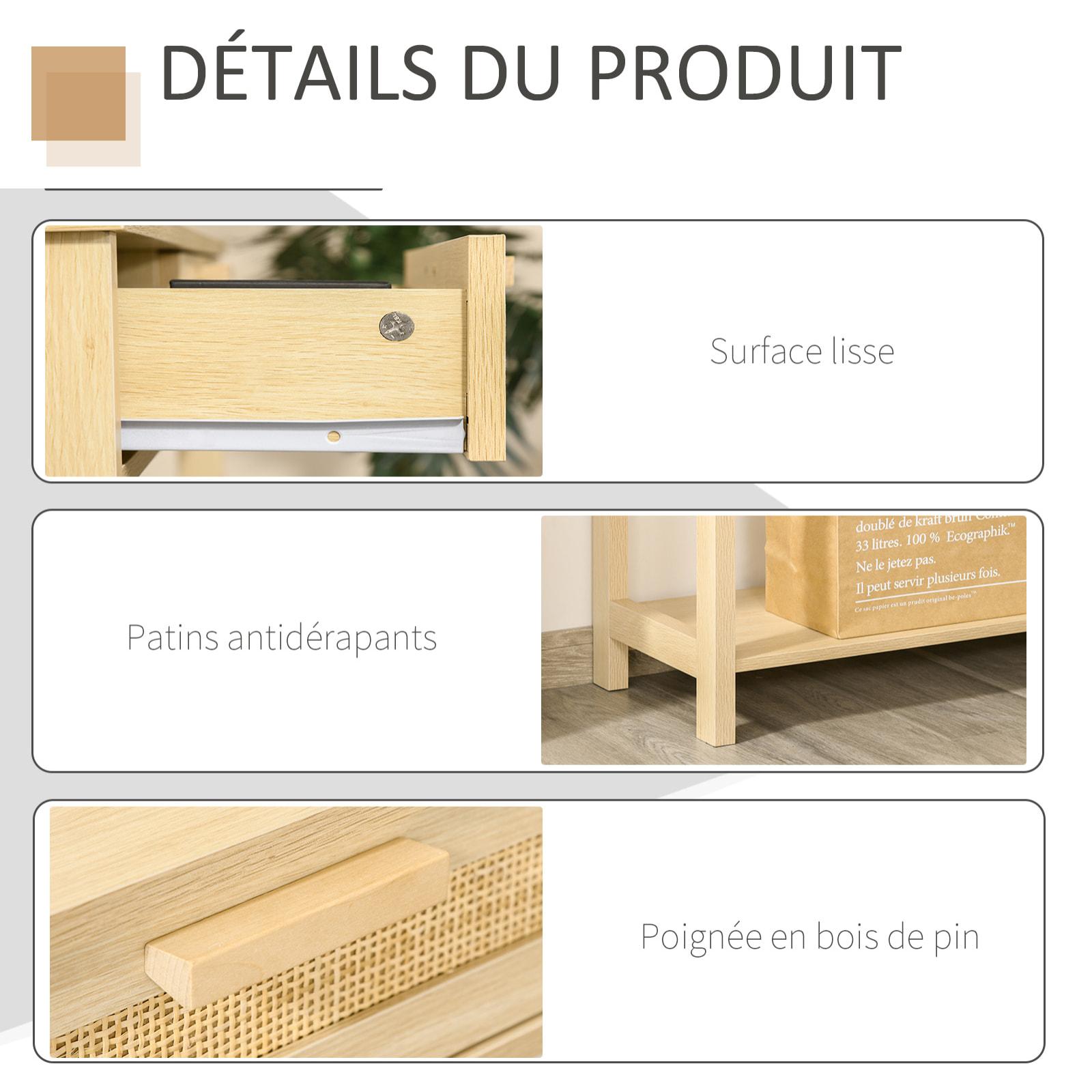 Console table d'appoint dim. 100L x 30l x 76H cm 2 tiroirs façades cannage en rotin étagère MDF aspect bois clair