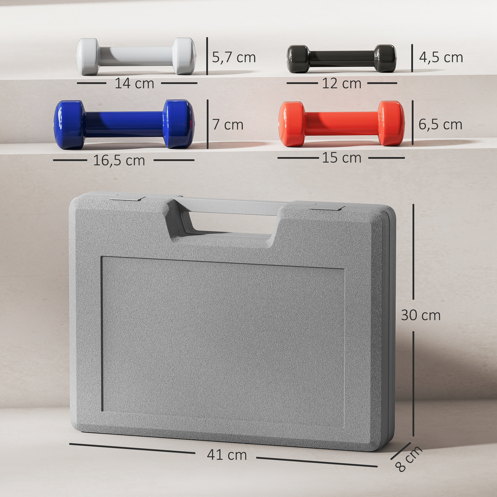 Ensemble d'haltères courtes total 10 Kg - collaboration Aosom.fr x FFHandball - paires de 0,5/1/1,5/2 Kg avec malette - métal PU multicolore