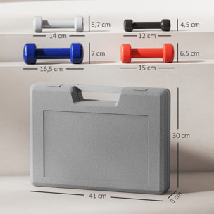 Ensemble d'haltères courtes total 10 Kg - collaboration Aosom.fr x FFHandball - paires de 0,5/1/1,5/2 Kg avec malette - métal PU multicolore