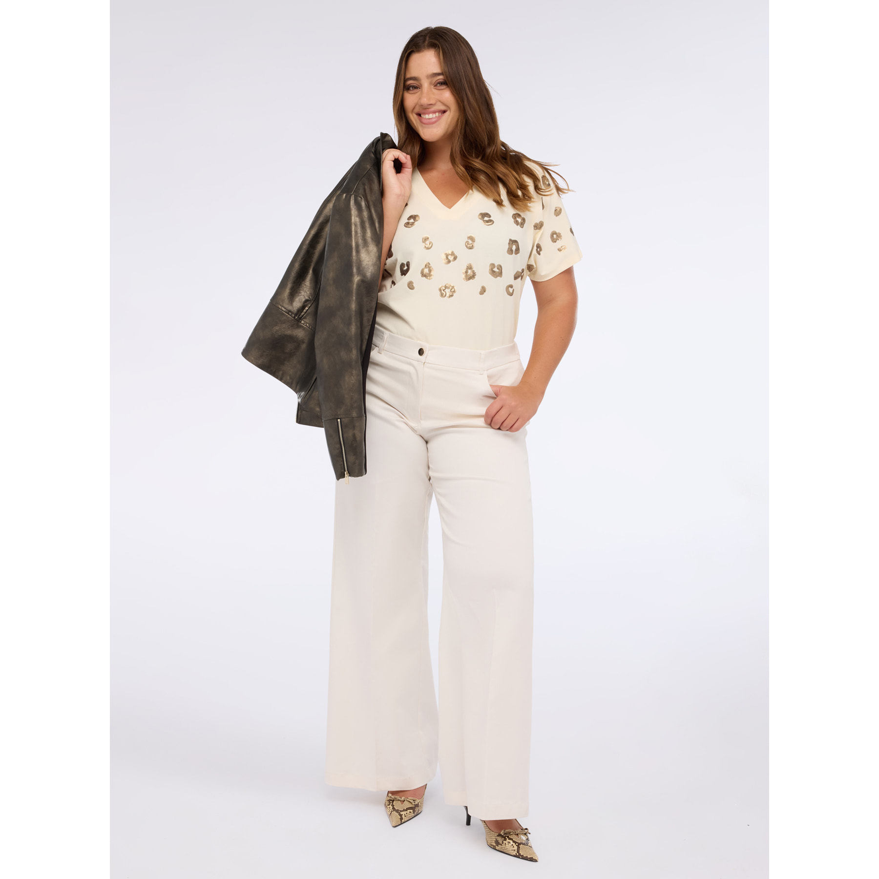 Fiorella Rubino - T-shirt in jersey di cotone con paillettes animalier - Beige