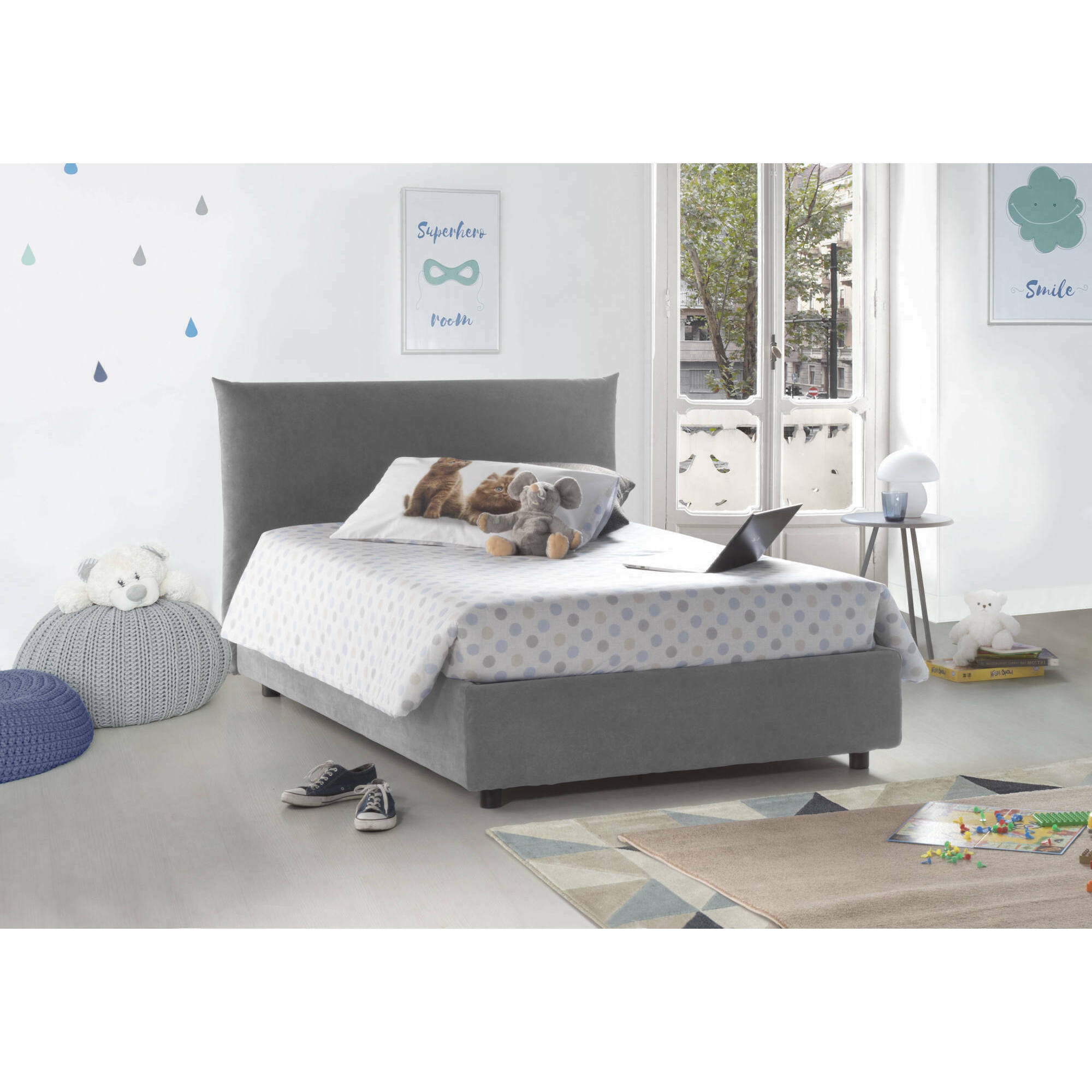 Letto piazza e mezza Ornella, Letto contenitore con rivestimento in tessuto, 100% Made in Italy, Apertura frontale, adatto per materasso Cm 120x190, Grigio