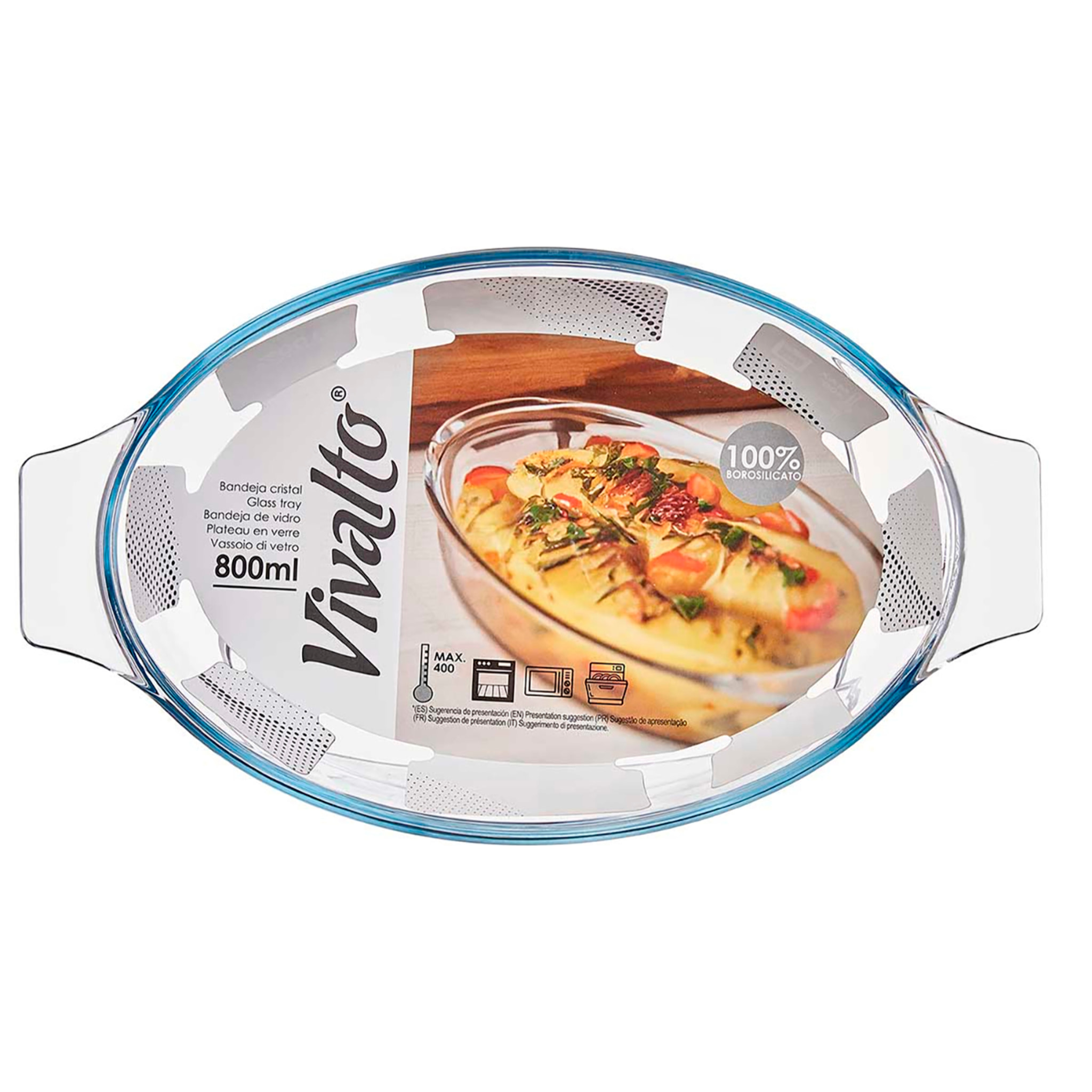 DAM VASSOIO OVALE IN BOROSILICATO CON MANICI 800ML 27x15,8x4,5 Cm. Colore trasparente