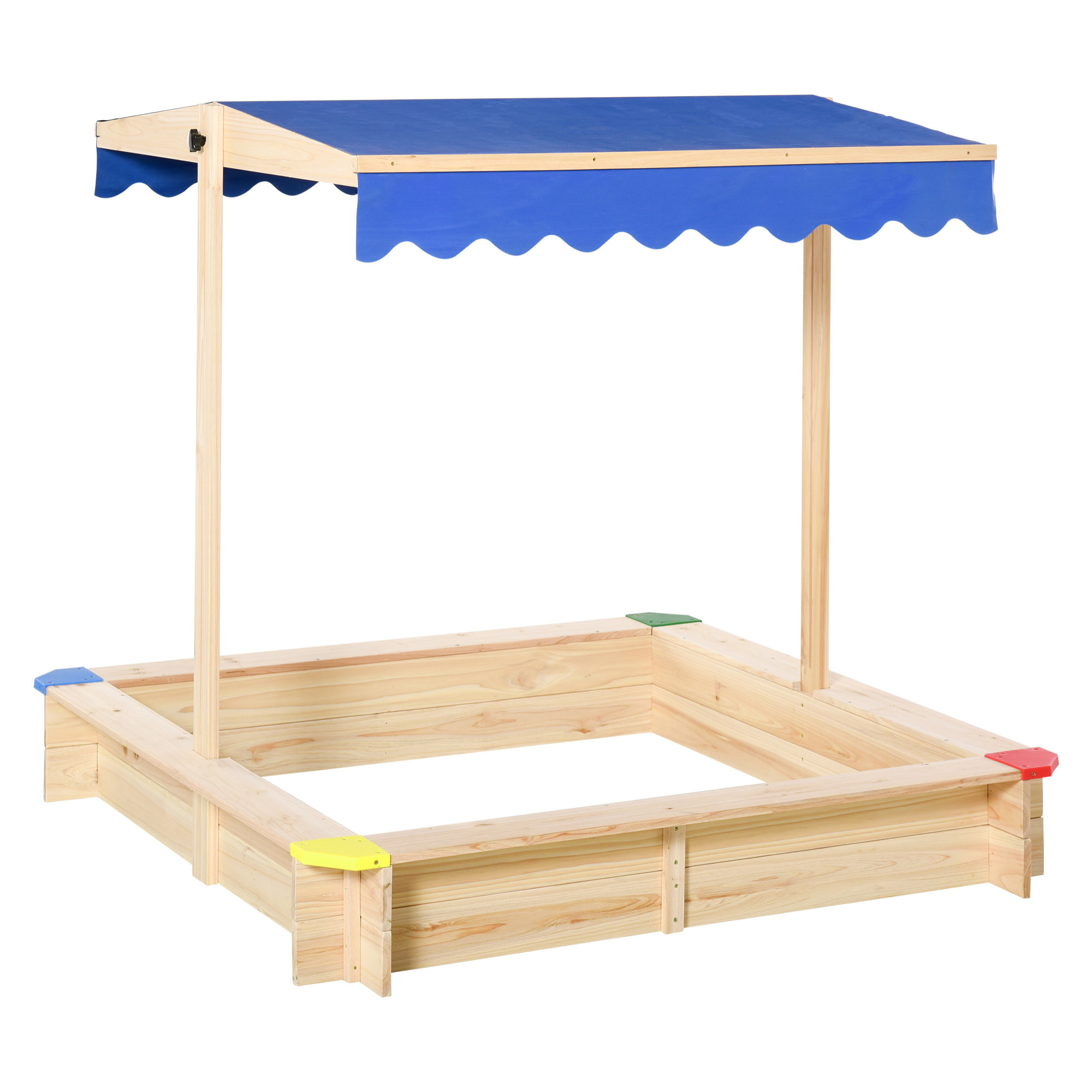 Bac à sable bois carré dim. 1,2L x 1,2l x 1,2H m - hauteur et inclinaison toit réglables - bois naturel de pin