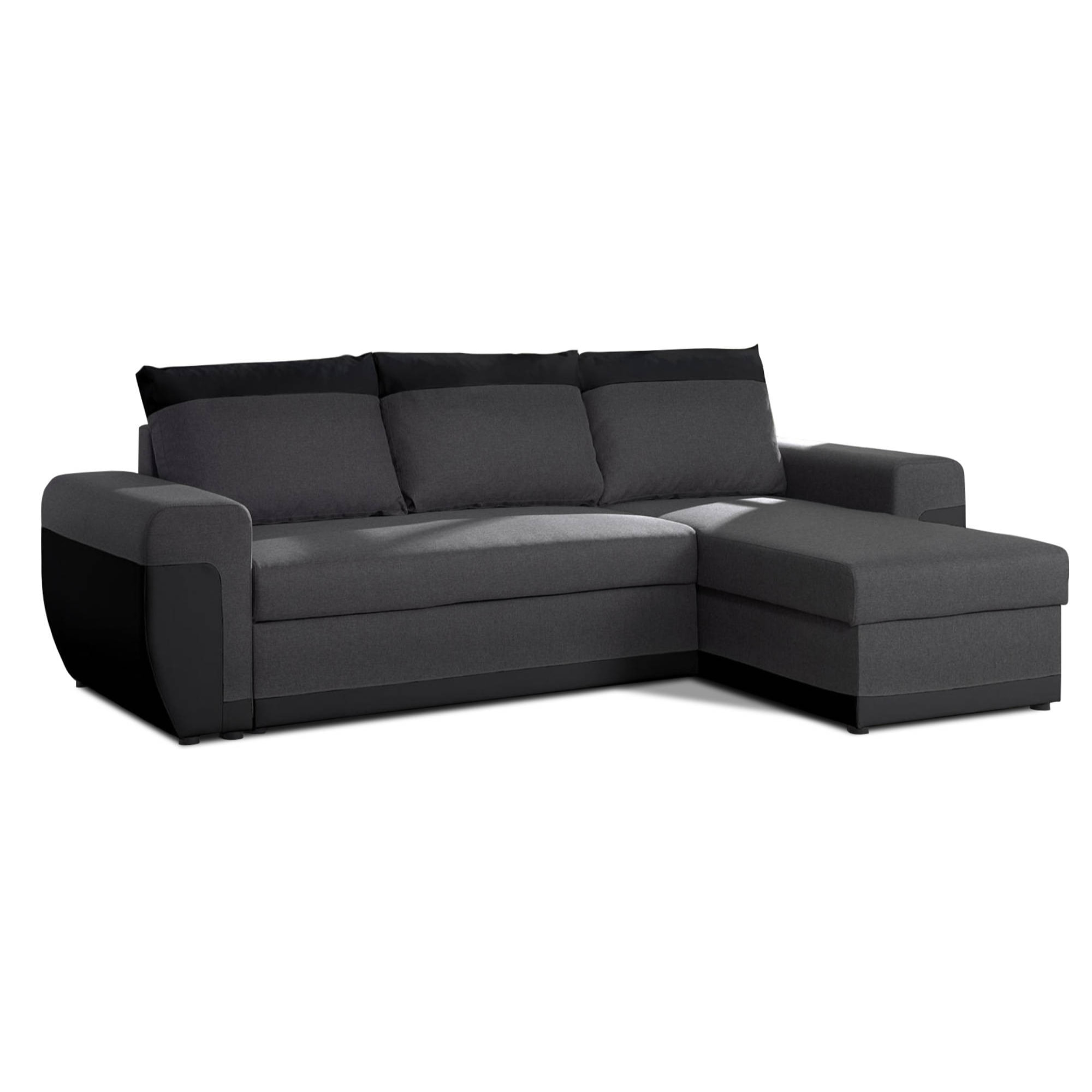 Milan - Canapé d'angle réversible - 4 places - Convertible avec coffre - En simili et tissu - Noir / Gris