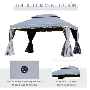 de Jardín 4x3 m, Pabellón de Jardín Gazebo con Doble Techo, 4 Cortinas y Mosquitera, Marco de Aluminio, Orificios de Drenaje, UPF50+, Carpa para Exterior, Terraza, Patio, Gris