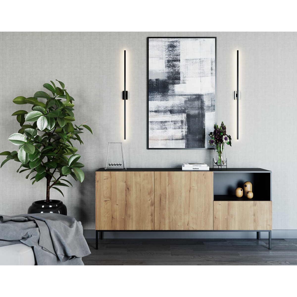 Felicia - buffet bas - effet bois et noir - 2 portes, 1 tiroir et 1 niche - 180 cm - Bois / Noir