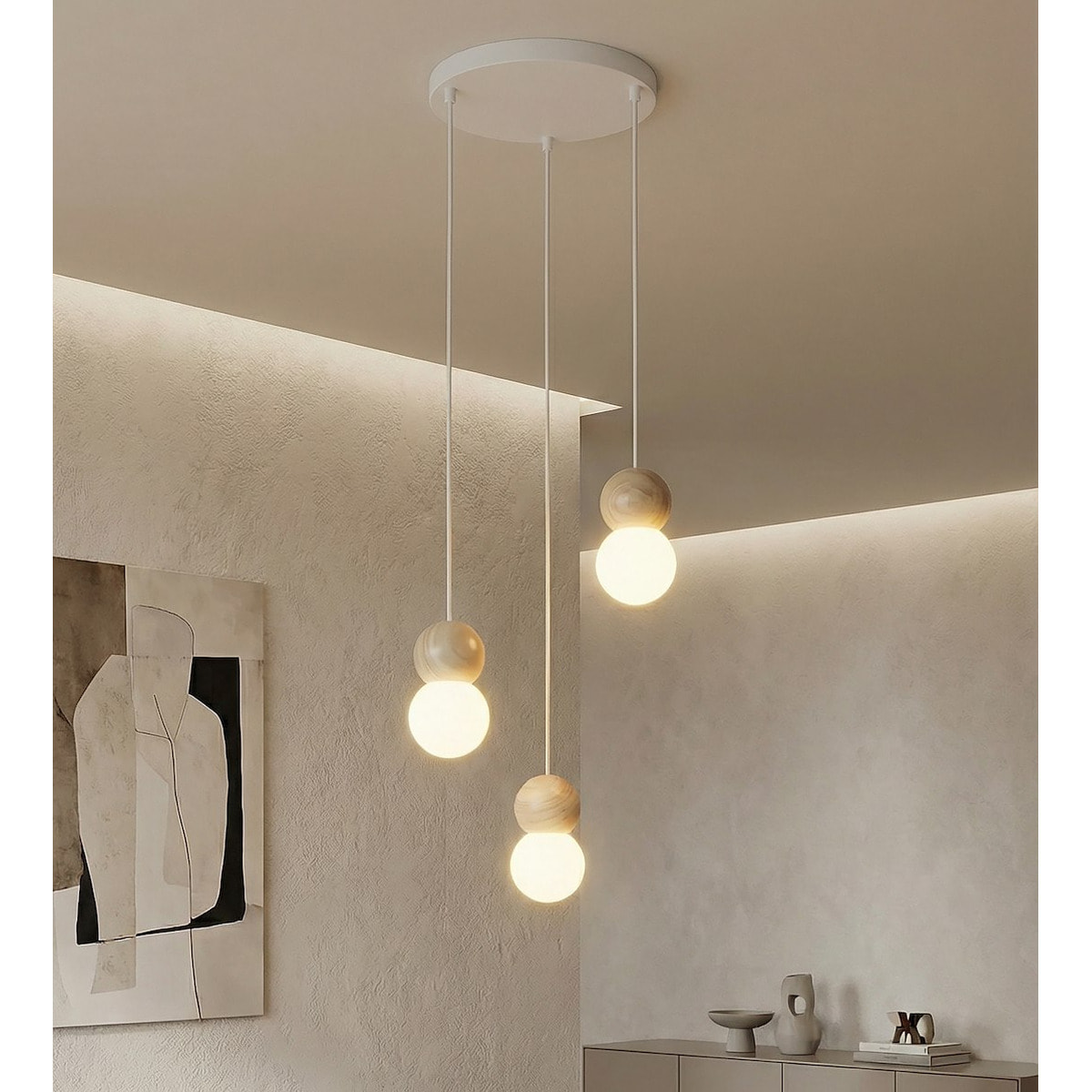 Lampada a sospensione LOOP in acciaio bianco e legno naturale