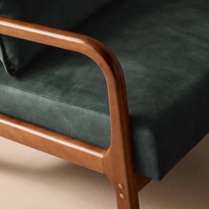 Fauteuil scandinave bois d'hévéa teinté noyer clair et velours LORENS