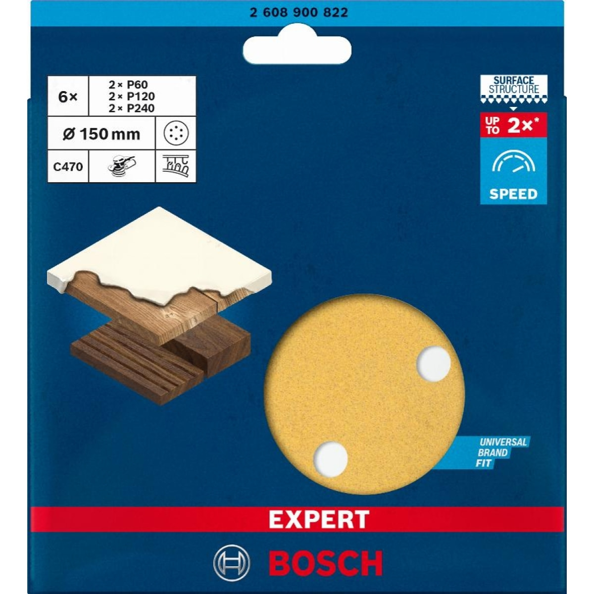 Disques abrasifs BOSCH EXPERT C470 bois et peinture - Ø150 mm G60/120/240 - 6 disques - 2608900822