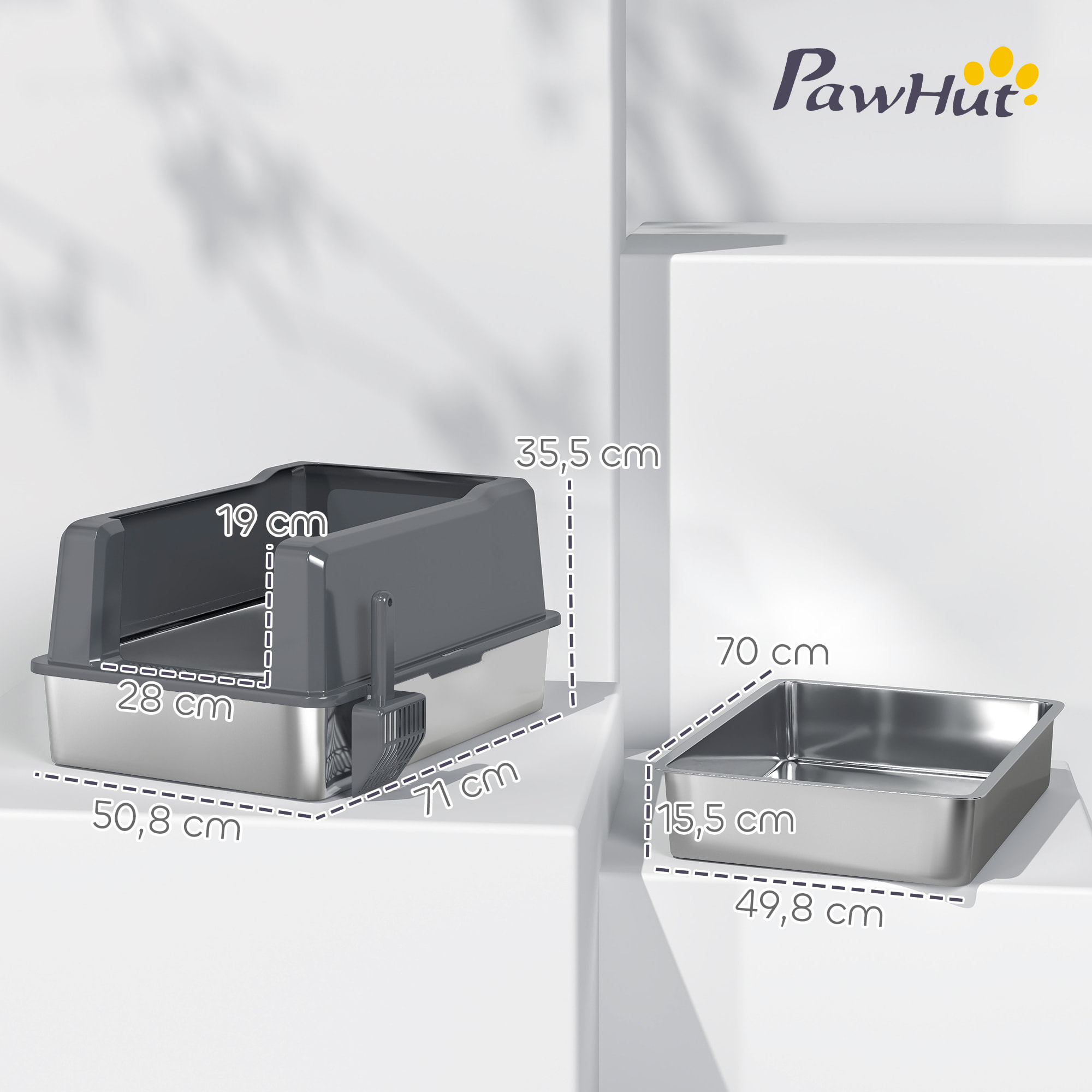Maison de toilette XXL 85L design - bac à litière grande taille 71 x 50 x 35 cm - acier inox ABS gris