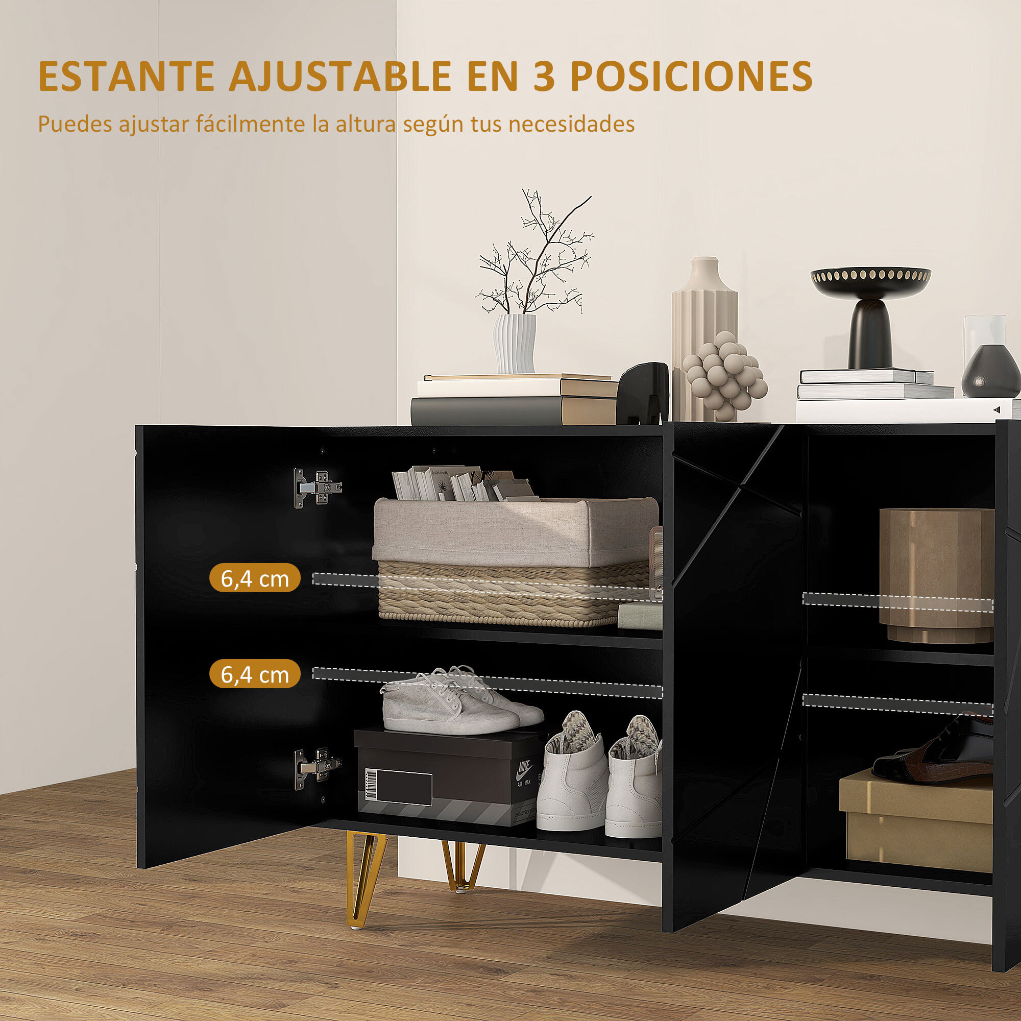 Aparador para Salón Aparador de Entrada con 3 Puertas y Estantes Ajustables Armario de Almacenamiento para Cocina Sala 120x40x75 cm Negro Brillo