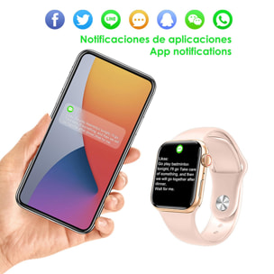 Smartwatch AW20 con notificaciones de redes sociales, modos deportivos, monitor cardiaco y oxígeno en sangre.