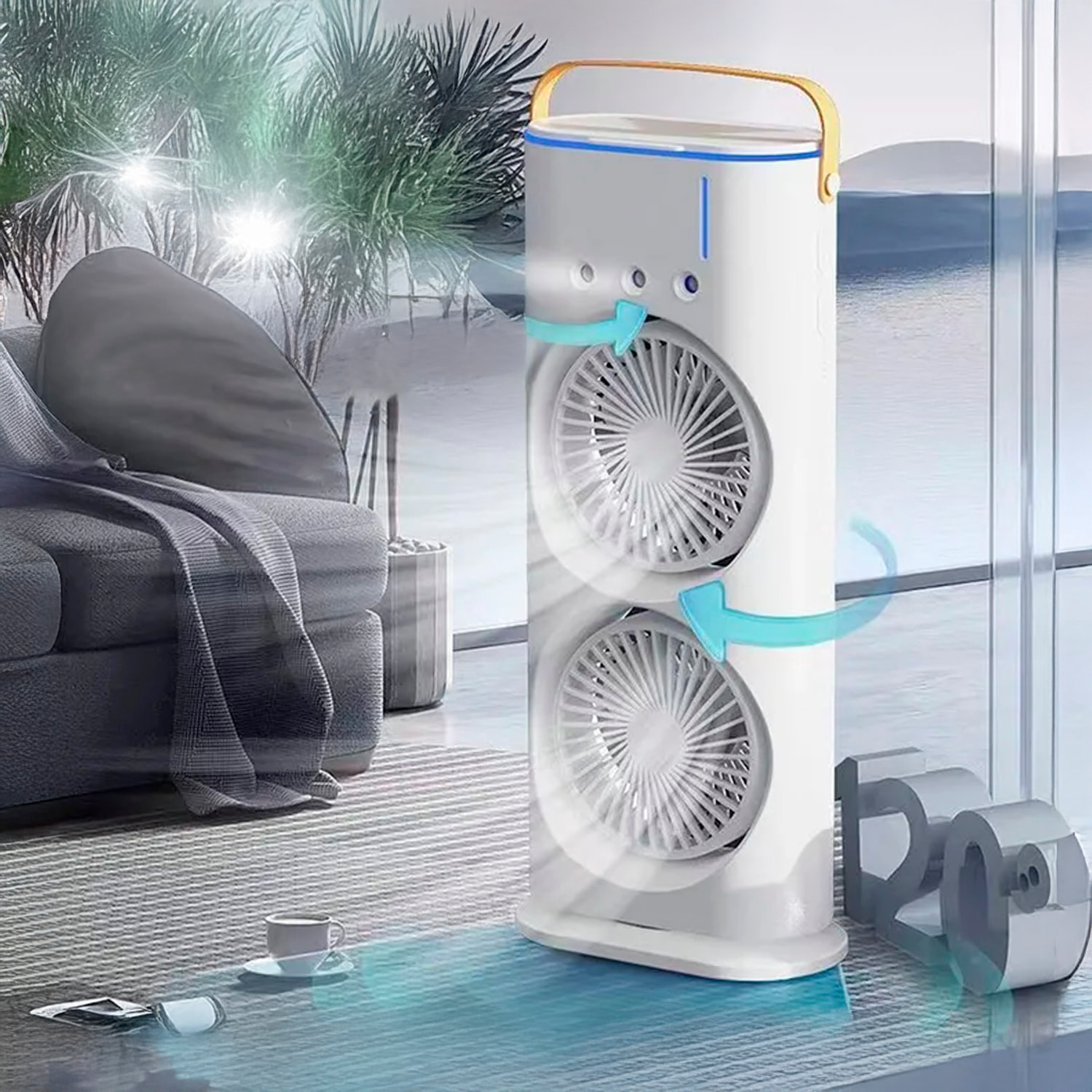 Ventilador torre RGB de doble cabezal con niebla de enfriamiento, 3 velocidades, oscilación de 90° y control remoto.