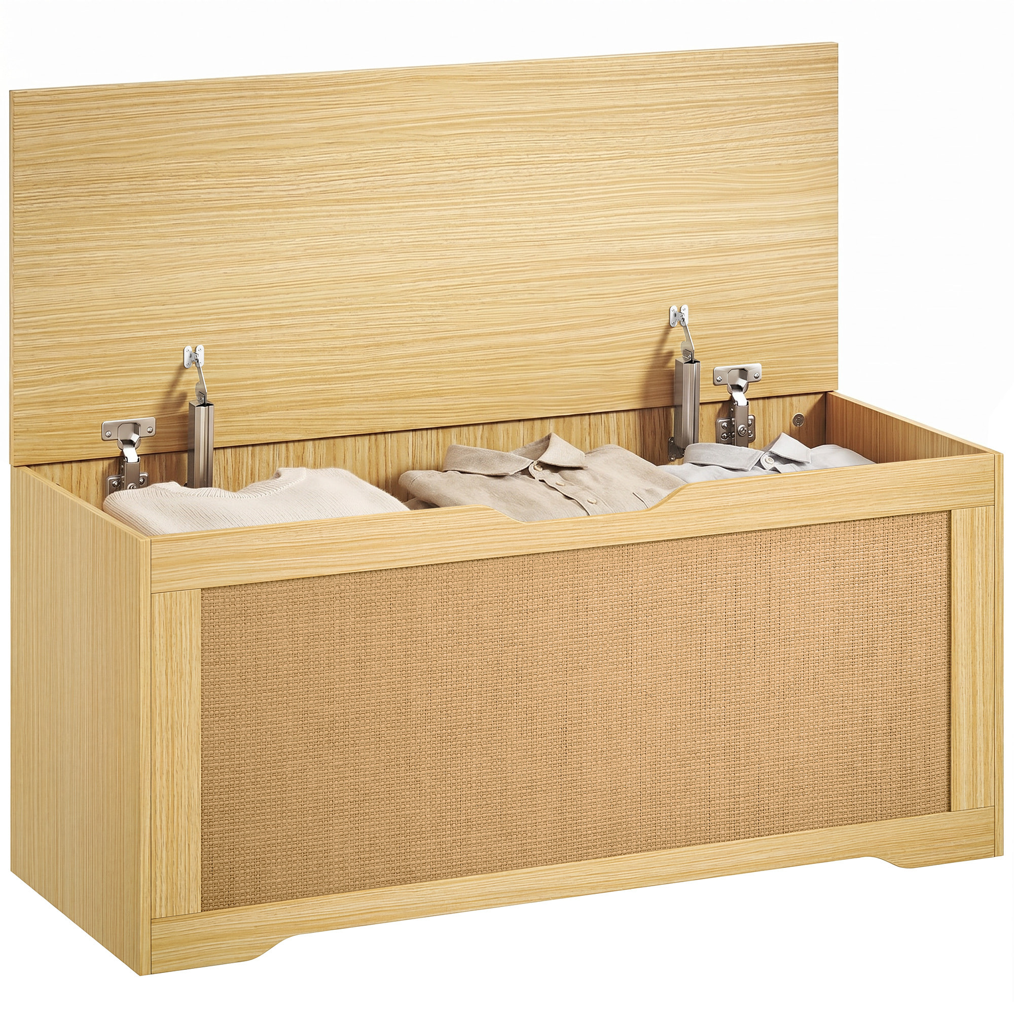 Baúl de Almacenaje 108L, Banco de Almacenaje con Panel de Ratán, Tapa Elevable, Brazos de Soporte, Diseño Sin Tiradores, para Recibidor, Pasillo, Dormitorio, Salón, 80x40x45 cm, Roble