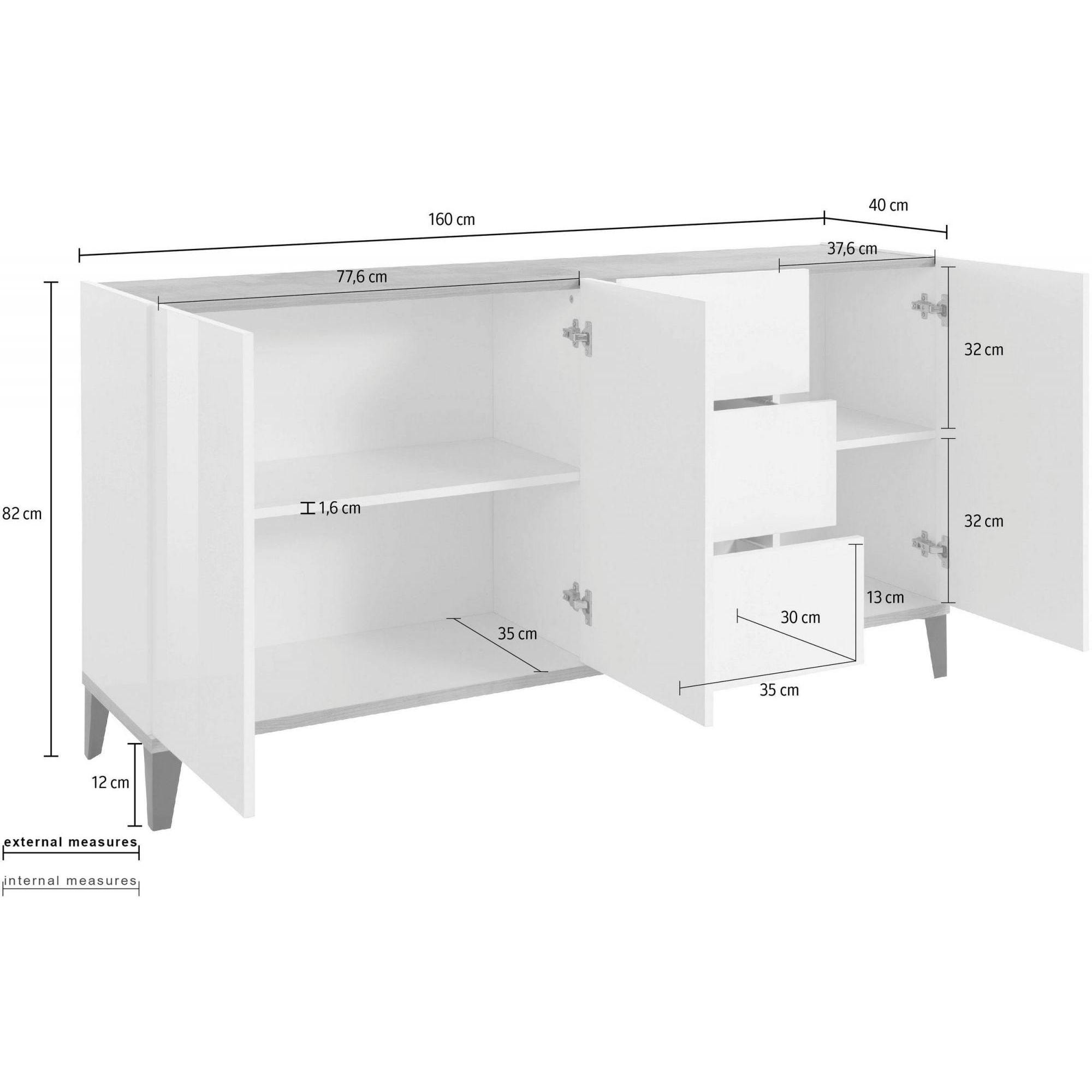 Credenza moderna a 3 ante e 3 cassetti, Made in Italy, Madia da cucina rialzata, Buffet di design da soggiorno, Cm 160x40h82, Bianco lucido e Ardesia