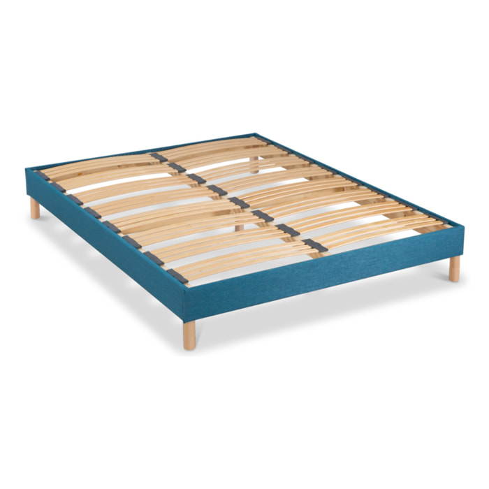 Sommier Lumière Technologie Tri-Lattes, tissu turquoise, Bois Épicéa, H30 cm, Lattes Actives, Aération Optimale