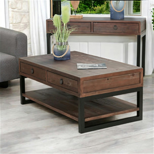 Table basse bois recyclé double plateau 2 tiroirs SAMOA