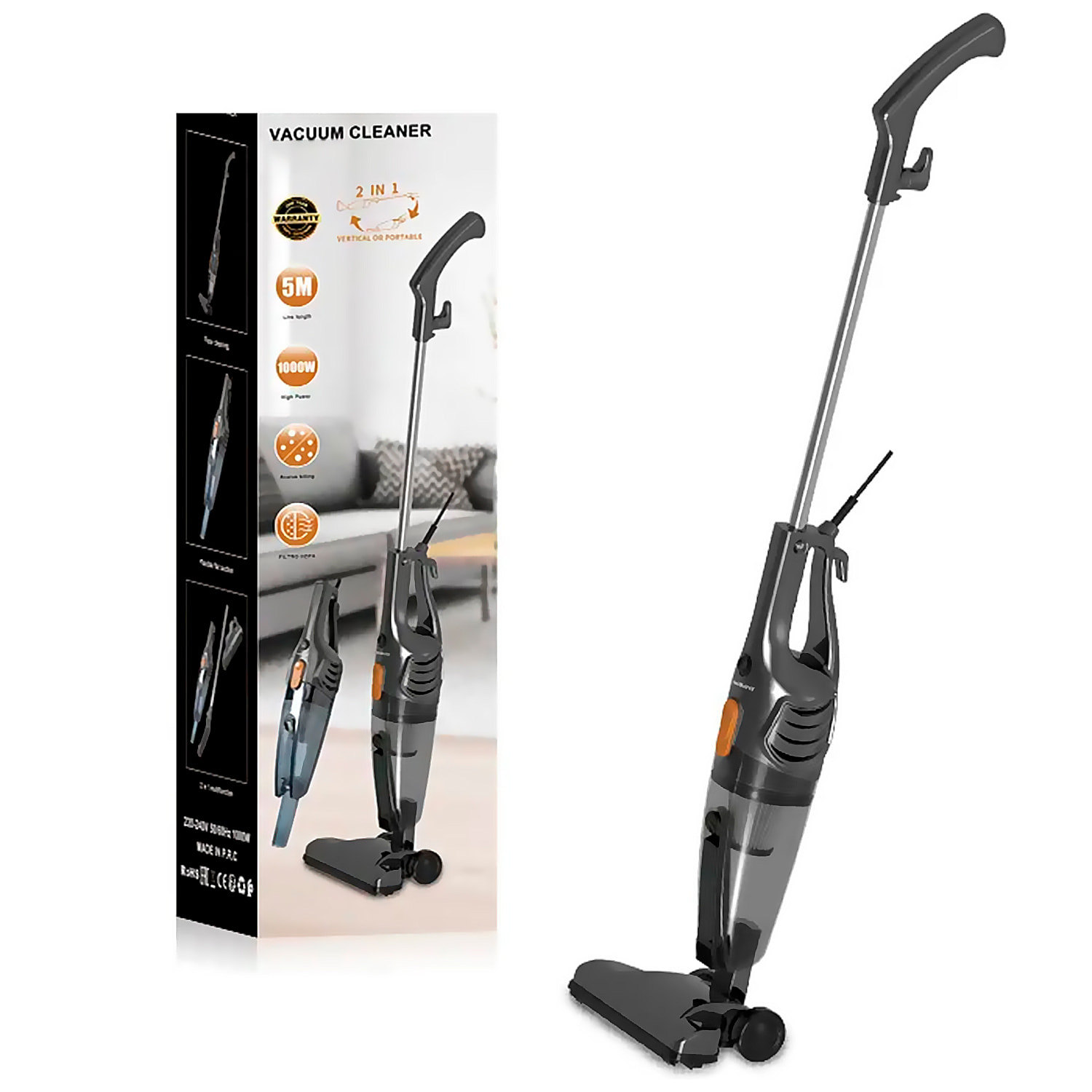 Aspirapolvere con cavo di 5M e potenza di 1000W. Filtro HEPA lavabile e riutilizzabile.