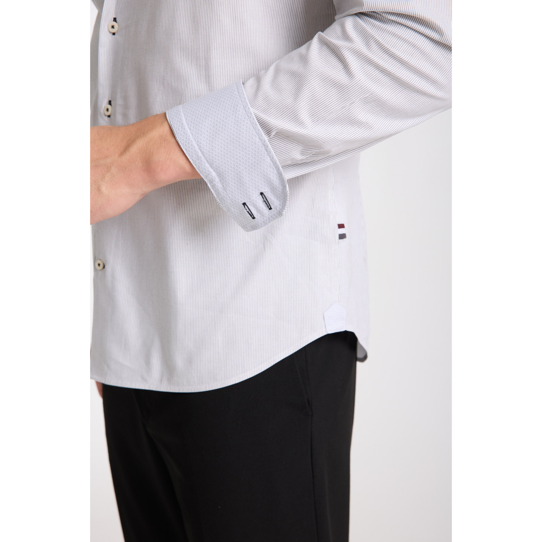 Camicia Uomo 2 Bottoni Button Down Slim Popeline Stretch Riga Media Bianco/Nero