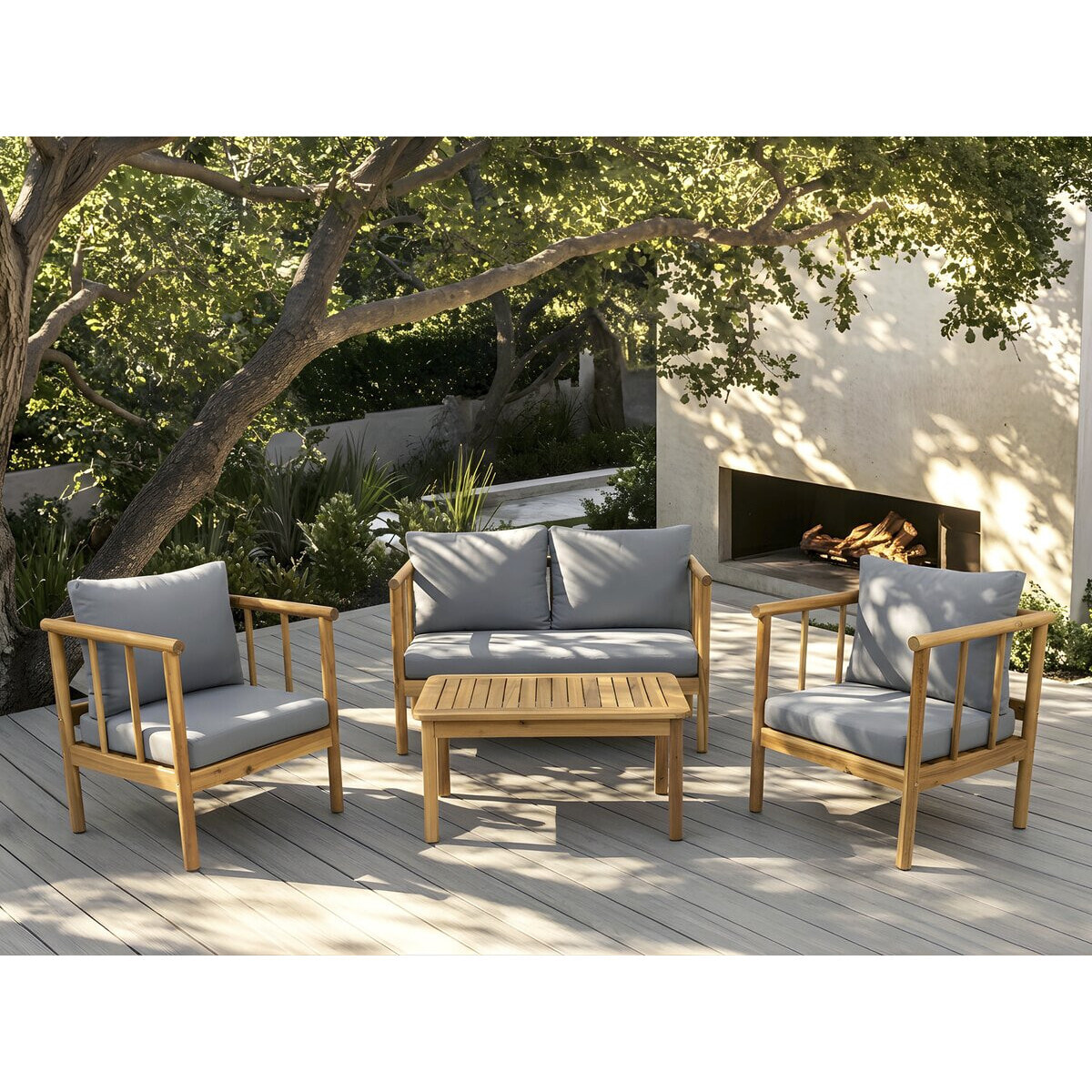 Salon de jardin en bois avec coussins inclus "Milano" - 4 places - Gris