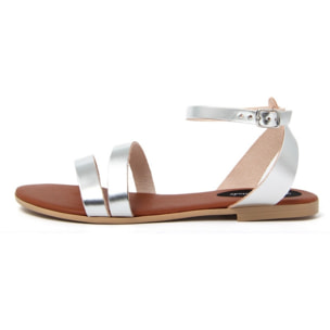 Sandali Flat Made in Italy in pelle colore Argentato, Altezza tacco 1,2 cm