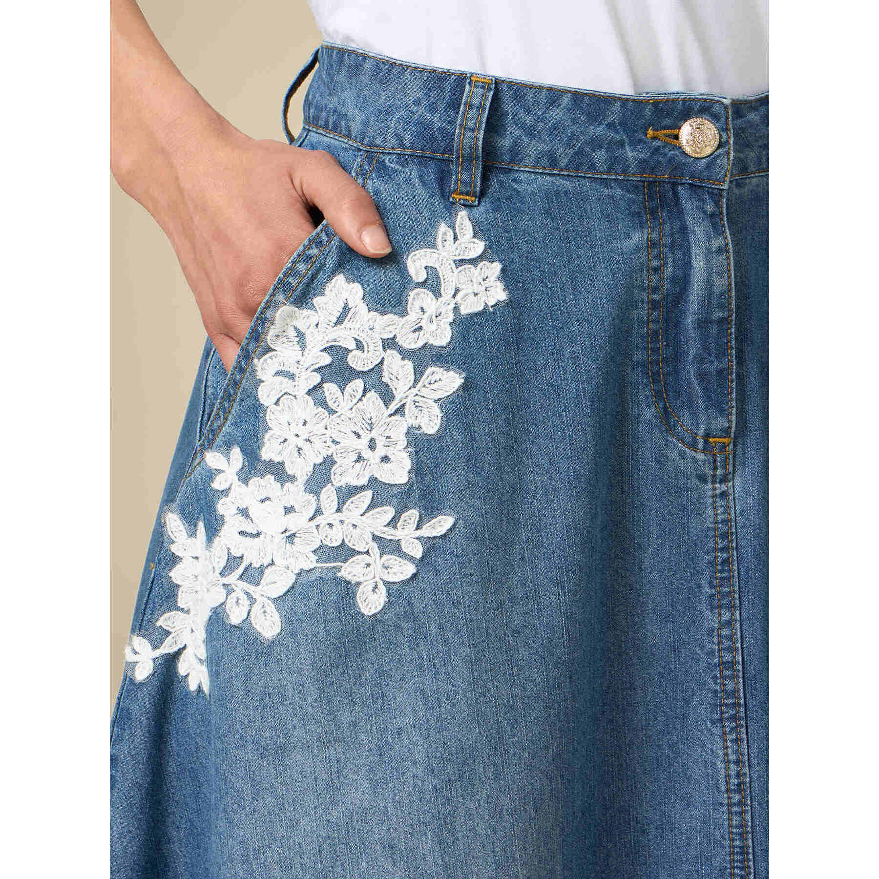 Oltre - Falda larga en denim con bordados - Light - blue