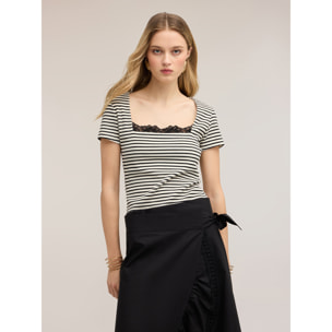 Motivi - T-shirt a righe con dettaglio in pizzo - Nero