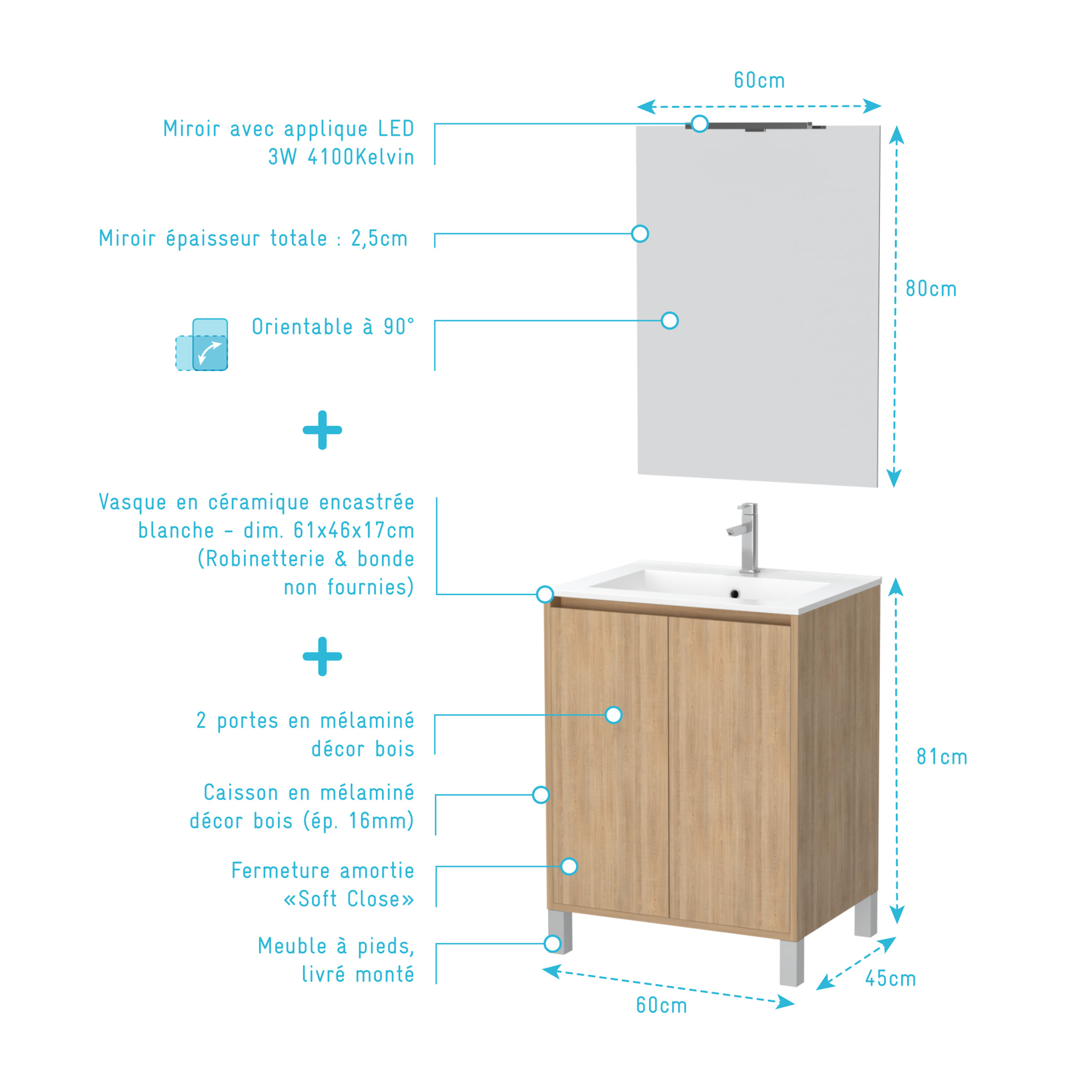 Pack Meuble Salle de Bains 60cm Chêne Clair 2 Portes, Vasque, Miroir 60x80 et réglette Led - XENOS