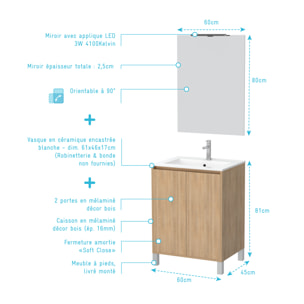 Pack Meuble Salle de Bains 60cm Chêne Clair 2 Portes, Vasque, Miroir 60x80 et réglette Led - XENOS