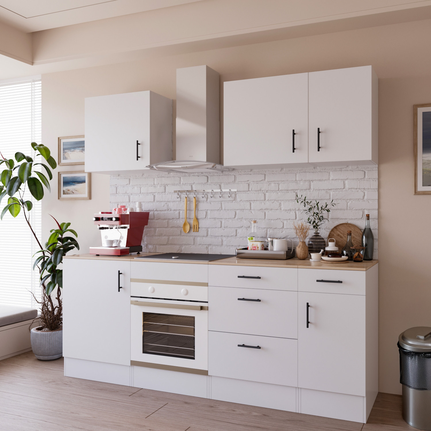 Cucina Componibile Completa Da 220 Cm Moderna con Cassetti Ammortizzati Piedini Regolabili Moduli Pensili Facile Da Installare Bianco Lucido e Rovere