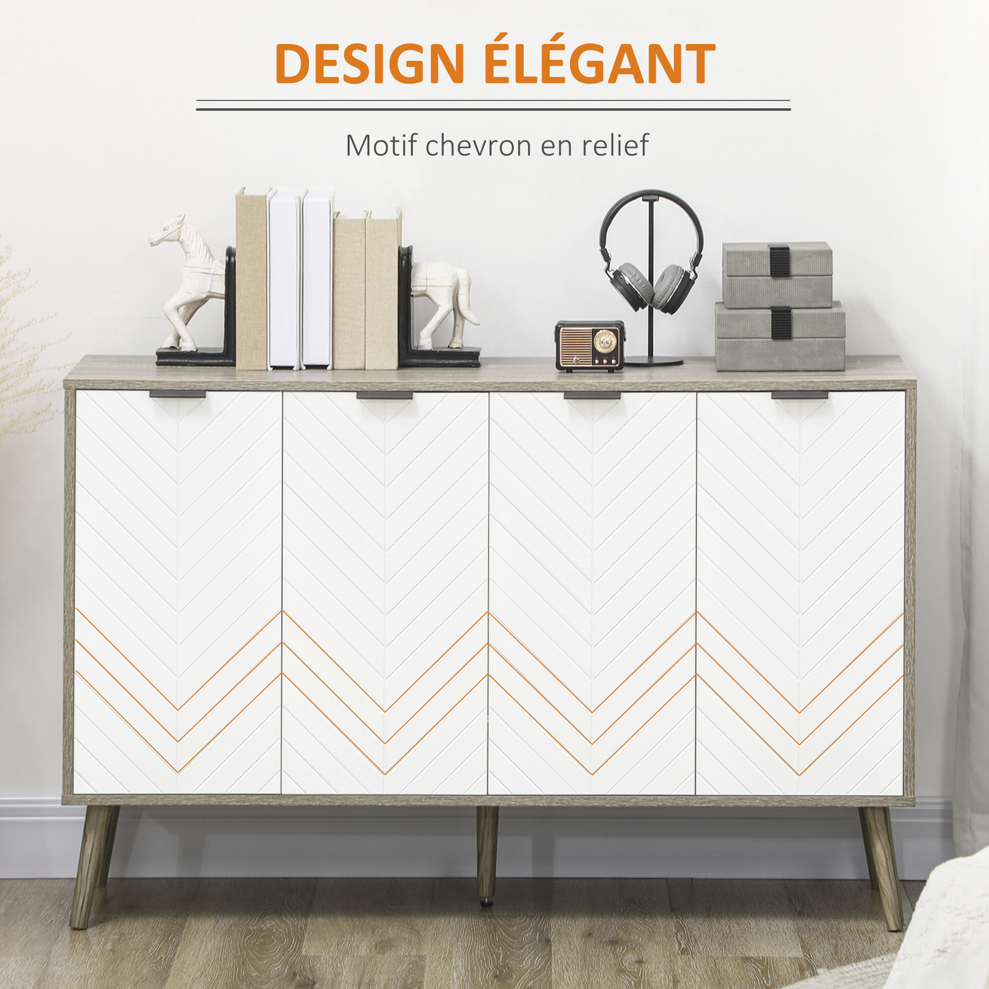 Buffet design scandinave 4 portes 2 étagères piètement bois de pin panneaux portes motif chevrons blanc aspect bois gris