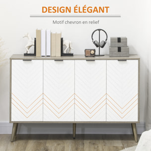 Buffet design scandinave 4 portes 2 étagères piètement bois de pin panneaux portes motif chevrons blanc aspect bois gris