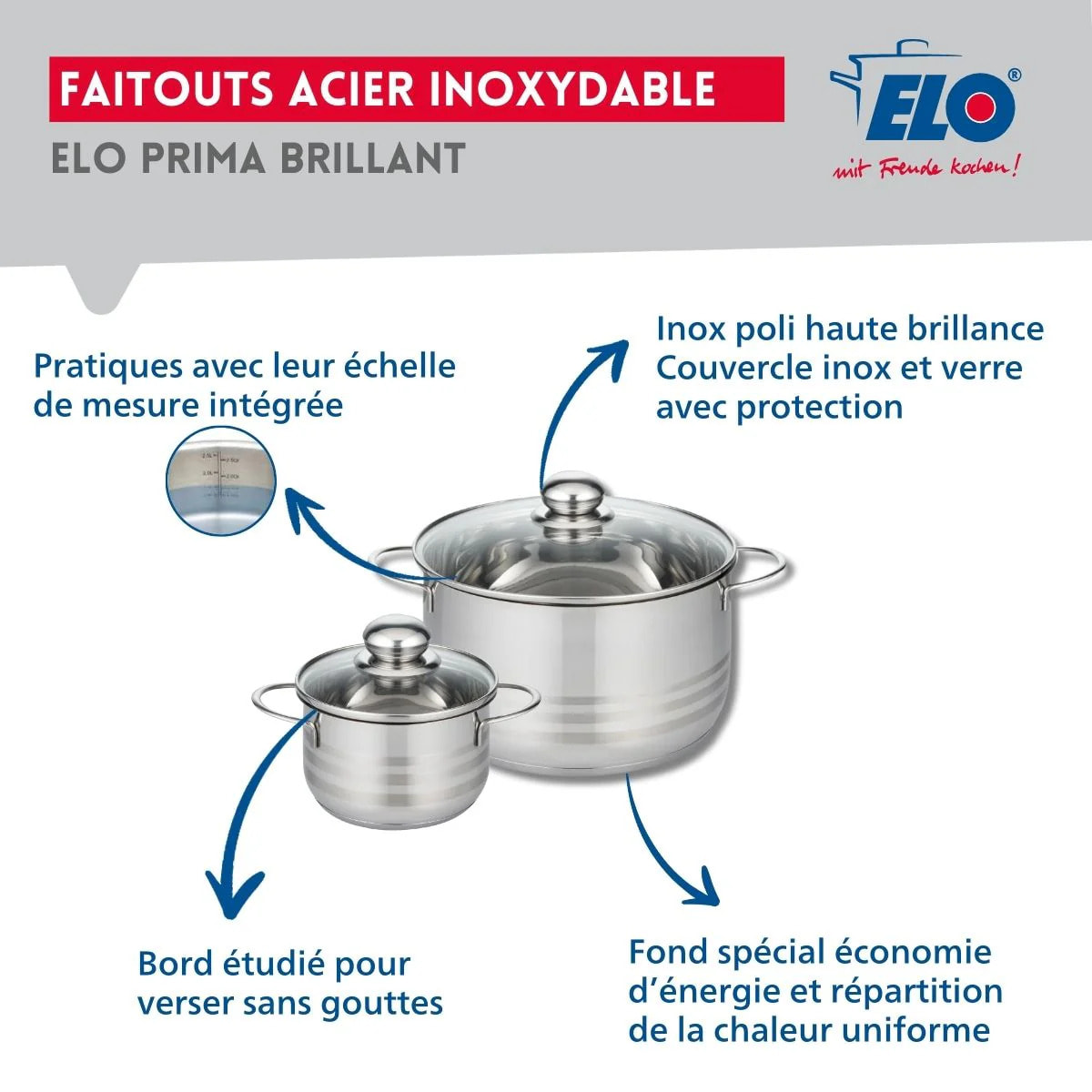 Ensemble de 1 Poêle de cuisson 28 cm et 2 faitouts 14 et 24 cm Elo Profi Brillant