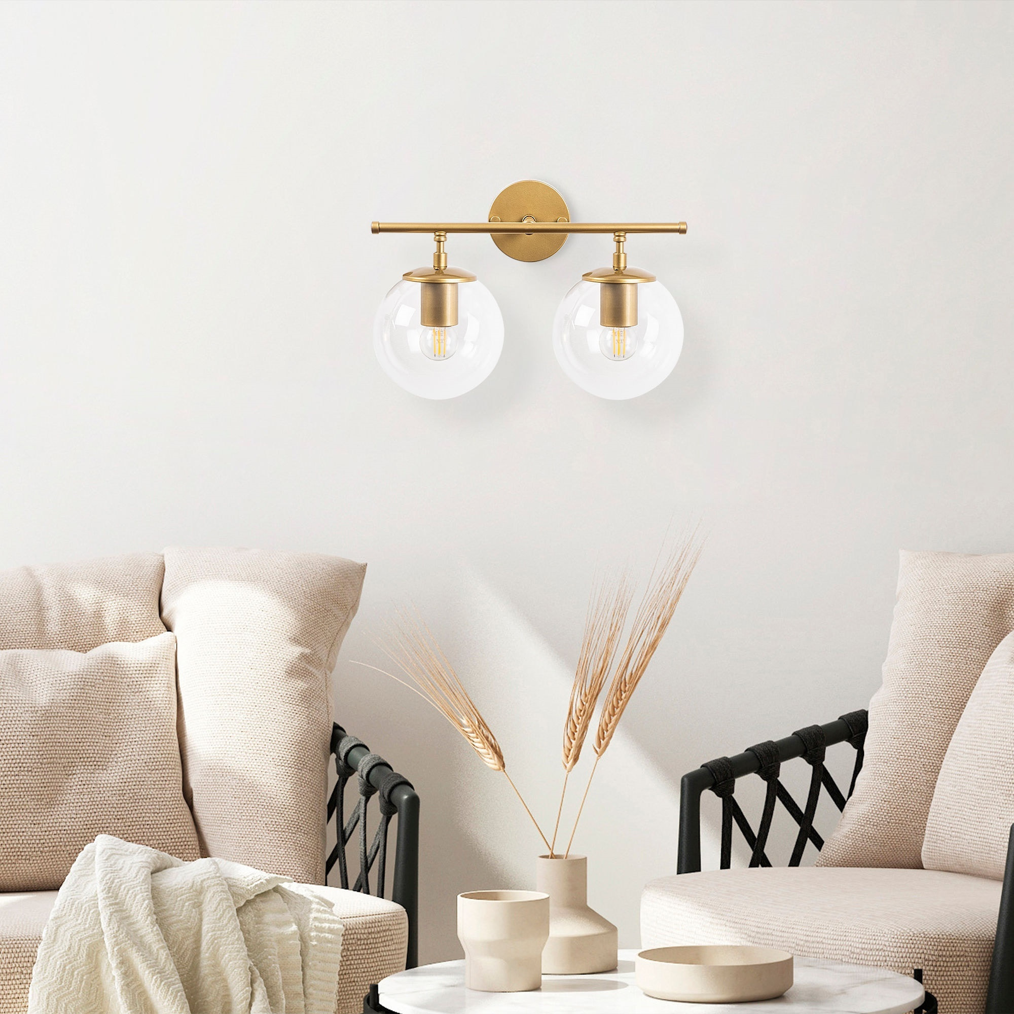 Aplique de pared, recto 2 transparente, metal , oro brillante, 36x24x16, casquillo 2 x E14 Max 40 W