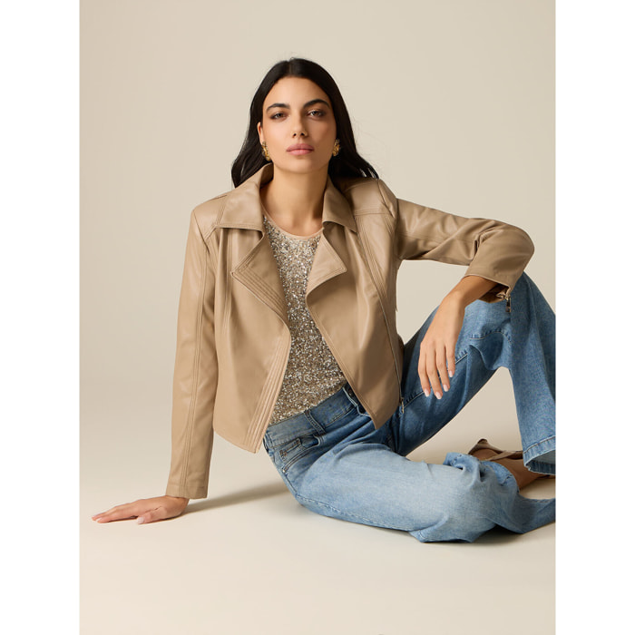 Oltre - Giubbotto chiodo cropped - Beige
