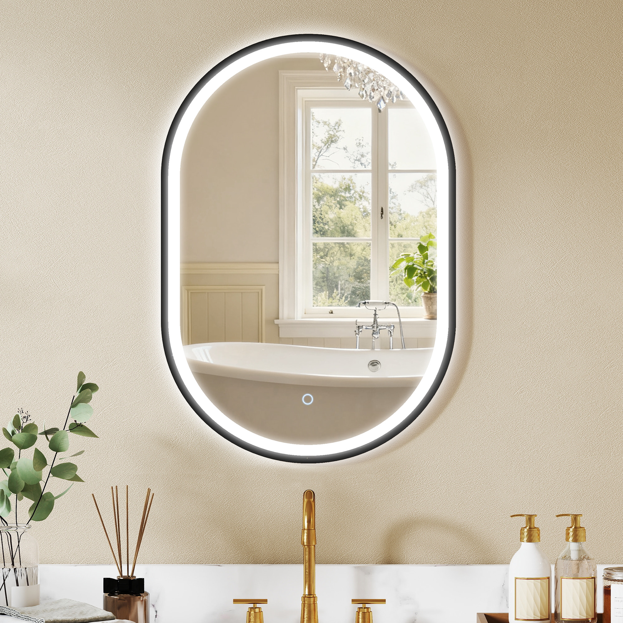 Miroir salle de bain LED design ovale 50 x 70 cm anti-buée dimmable tactile réglable verre trempé alu noir