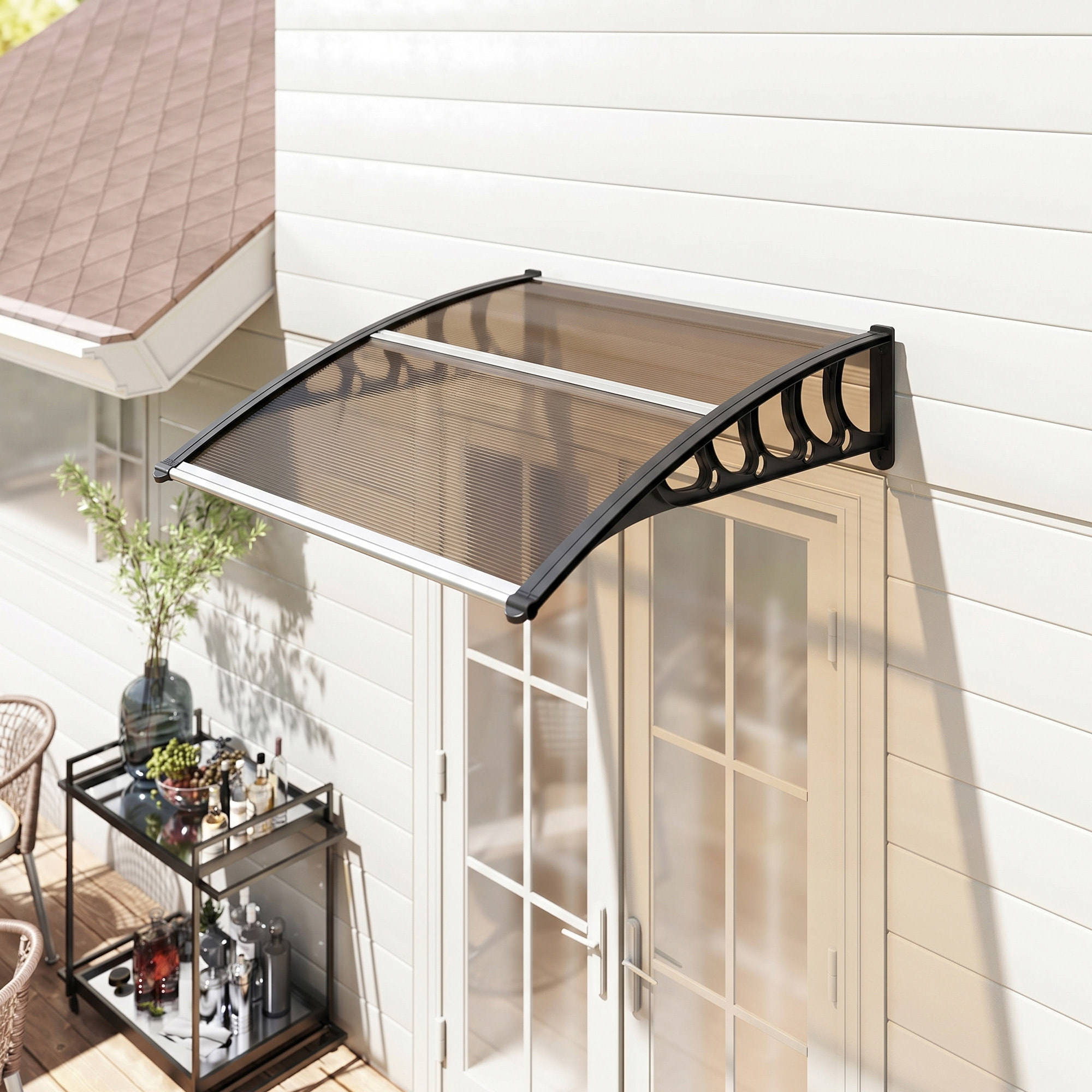 Auvent marquise de porte design voûté arrondi dim. 103x96x27cm alu polycarbonate fumé plastique noir