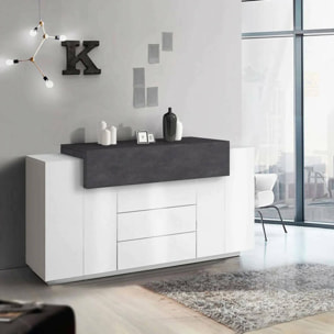 Credenza moderna, Madia di design a 3 ante e 3 cassetti, Made in Italy, Mobile Porta TV, Buffet da soggiorno, cm 160x45h86, colore Bianco lucido e Grigio Cenere