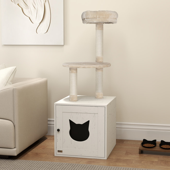 Arbre à chat maison de toilette 2 en 1 - H.129 cm - porte tête de chat - plateforme panier observation - blanc crème