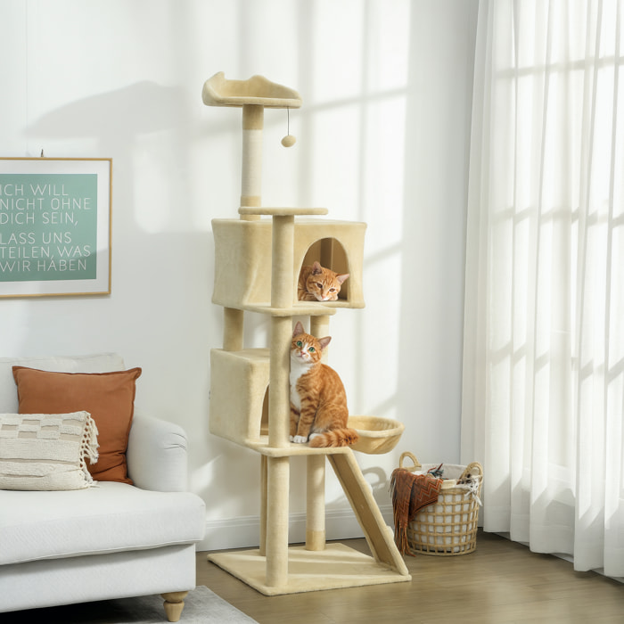 Árbol Rascador para Gatos, Árbol para Gatos 180 cm, Torre Escalador con Múltiples Plataformas, Cama, 2 Cuevas, Hamaca, Escalera, Postes de Sisal, Bolas para Jugar, Beige
