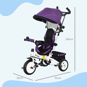Triciclo Evolutivo para Bebés 6 en 1 Triciclo para Niños de 1-5 Años Bicicleta para Niños con Toldo Plegable Mango Telescópico y Desmontable Cinturón de Seguridad y Cesto 95x50x106 cm Violeta